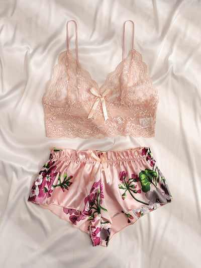 Ensemble Shorty Satin Pourpre Dentelle