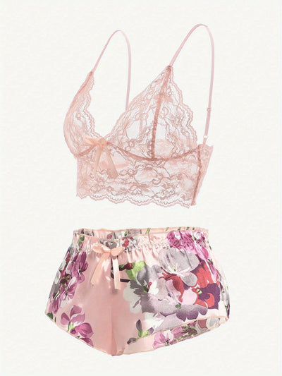 Ensemble Shorty Satin Pourpre Dentelle