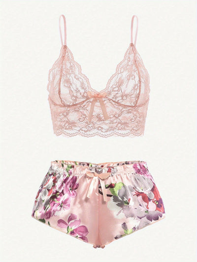 Ensemble Shorty Satin Pourpre Dentelle