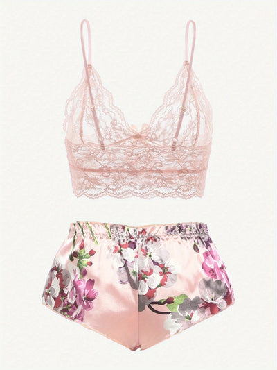 Ensemble Shorty Satin Pourpre Dentelle