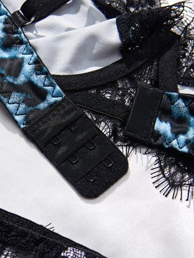 Ensemble String Dentelle Léopard Bleu
