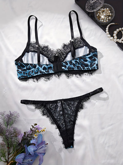 Ensemble String Dentelle Léopard Bleu