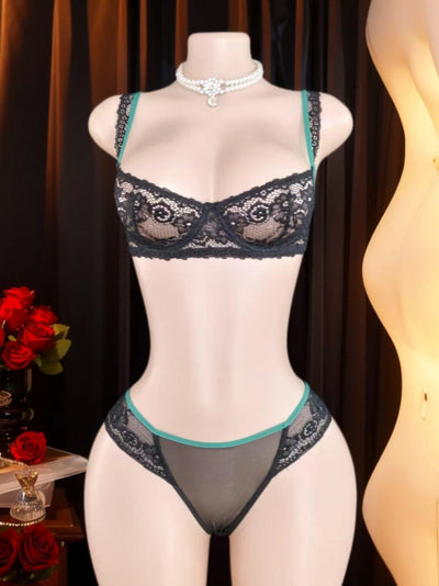 Dessous Féminin Vert Canard & Dentelle Noir