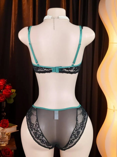Dessous Féminin Vert Canard & Dentelle Noir