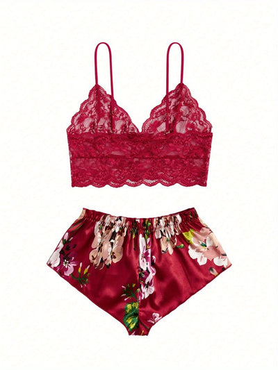 Ensemble Shorty Satin Pourpre Dentelle