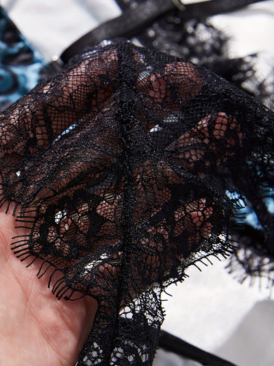 Ensemble String Dentelle Léopard Bleu