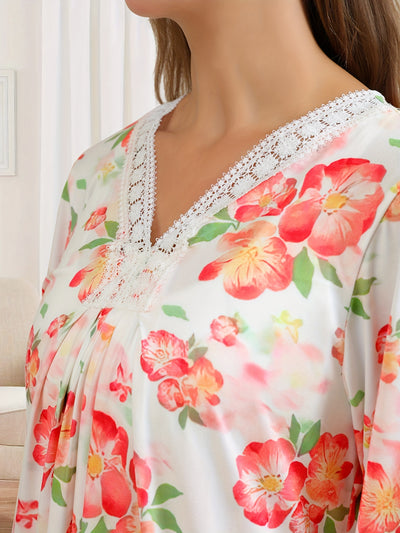 Chemise de Nuit Imprimée Fleurs à Manches Longues