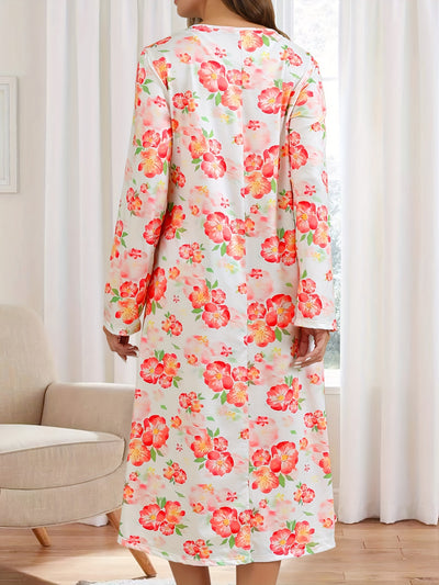 Chemise de Nuit Imprimée Fleurs à Manches Longues