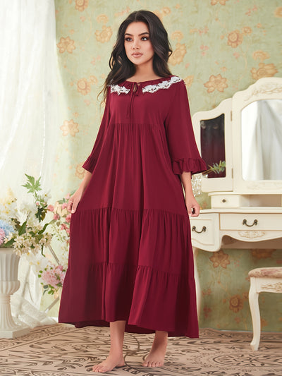 Chemise de Nuit à Manches Longues Rouge Bordeaux