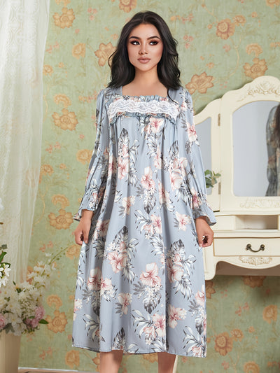 Chemise de Nuit à Manches Longues Imprimée à Fleurs pour Femme