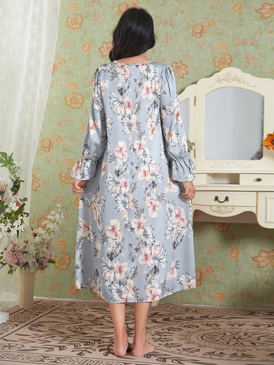 Chemise de Nuit à Manches Longues Imprimée à Fleurs pour Femme